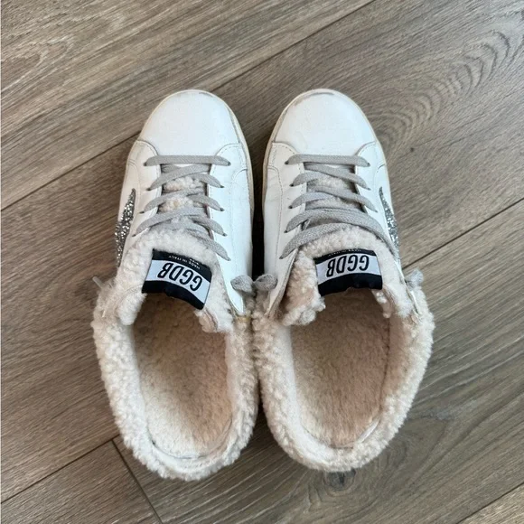 GOLDEN GOOSE Super Star Sabot Leather Glitter Shearling Lined Slip-On Sneaker - Picture 15 of 16